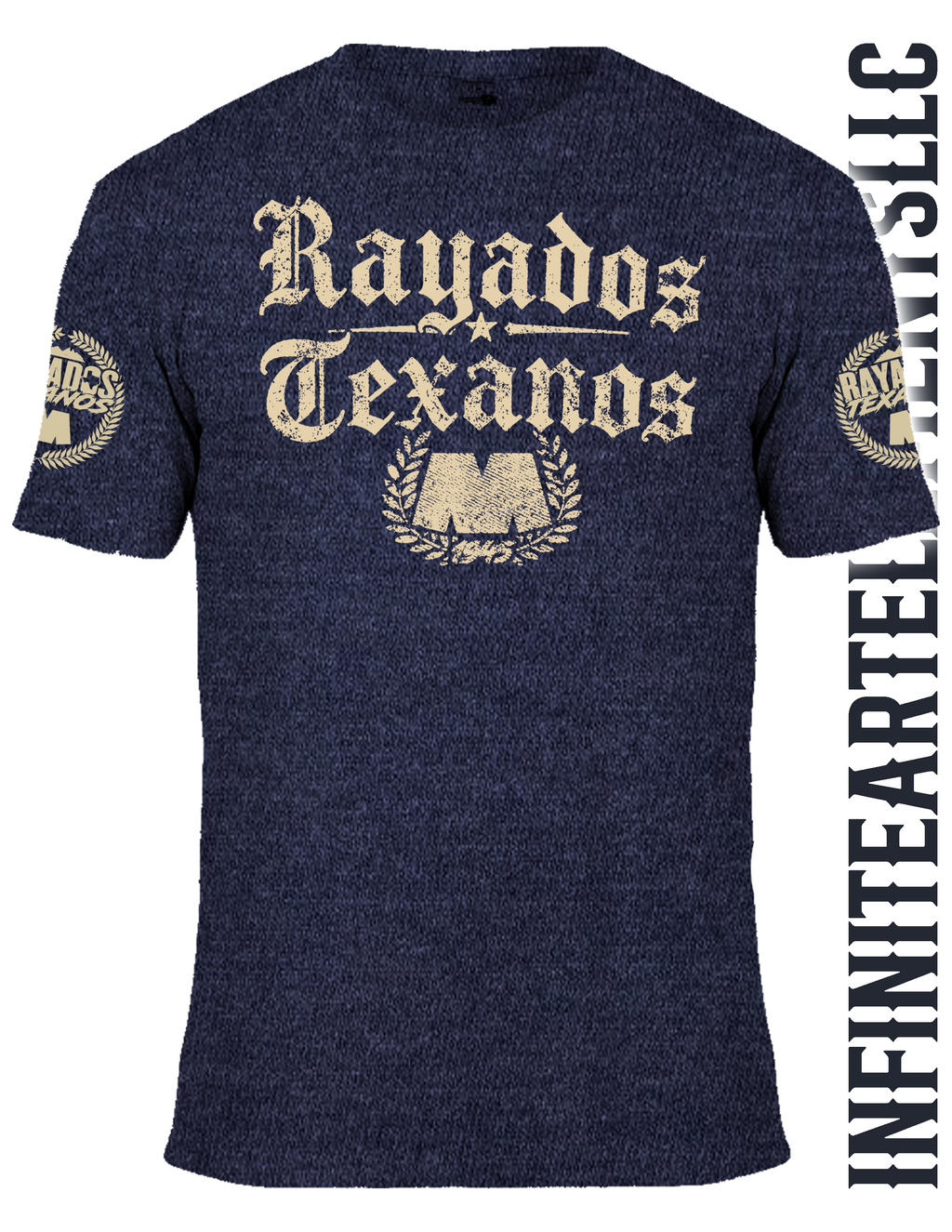 A navy blue heathered t-shirt featuring a distressed beige graphic on the front that reads 'Rayados Texanos' with a large 'M' inside a laurel wreath. The sleeves also feature circular logos.