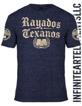 A navy blue heathered t-shirt featuring a distressed beige graphic on the front that reads 'Rayados Texanos' with a large 'M' inside a laurel wreath. The sleeves also feature circular logos.