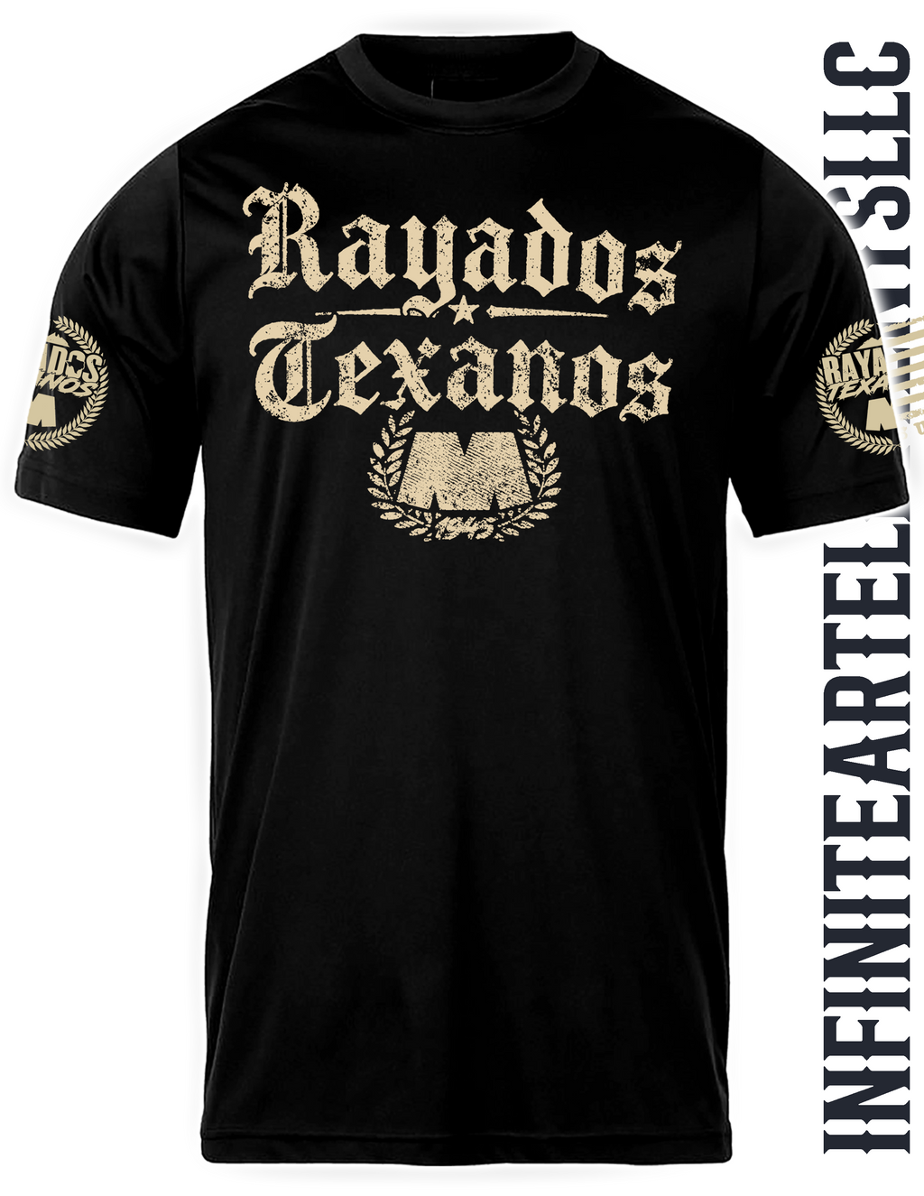 A black short-sleeve t-shirt with a distressed gold graphic on the front reading 'Rayados Texanos' above a large 'M' crest and laurel wreath, with additional gold graphics on both sleeves. The shirt is displayed flat against a white background with a vertical watermark 'INFINITEARTSLLC' on the right side.