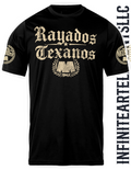 A black short-sleeve t-shirt with a distressed gold graphic on the front reading 'Rayados Texanos' above a large 'M' crest and laurel wreath, with additional gold graphics on both sleeves. The shirt is displayed flat against a white background with a vertical watermark 'INFINITEARTSLLC' on the right side.